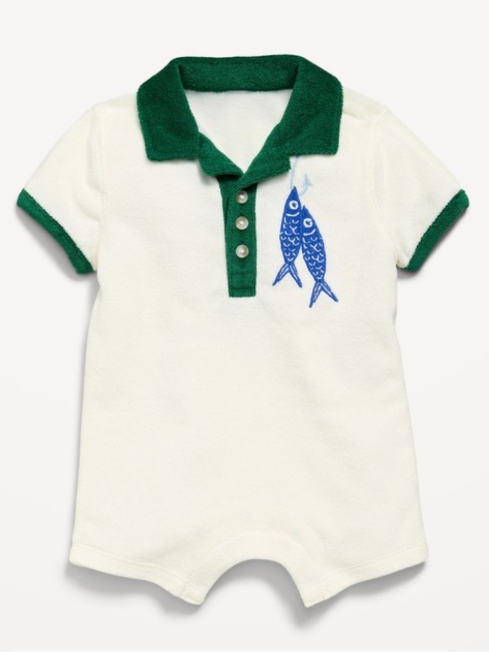 Old Navy Cream Terry Polo Romper with Green Trim and Blue Fish